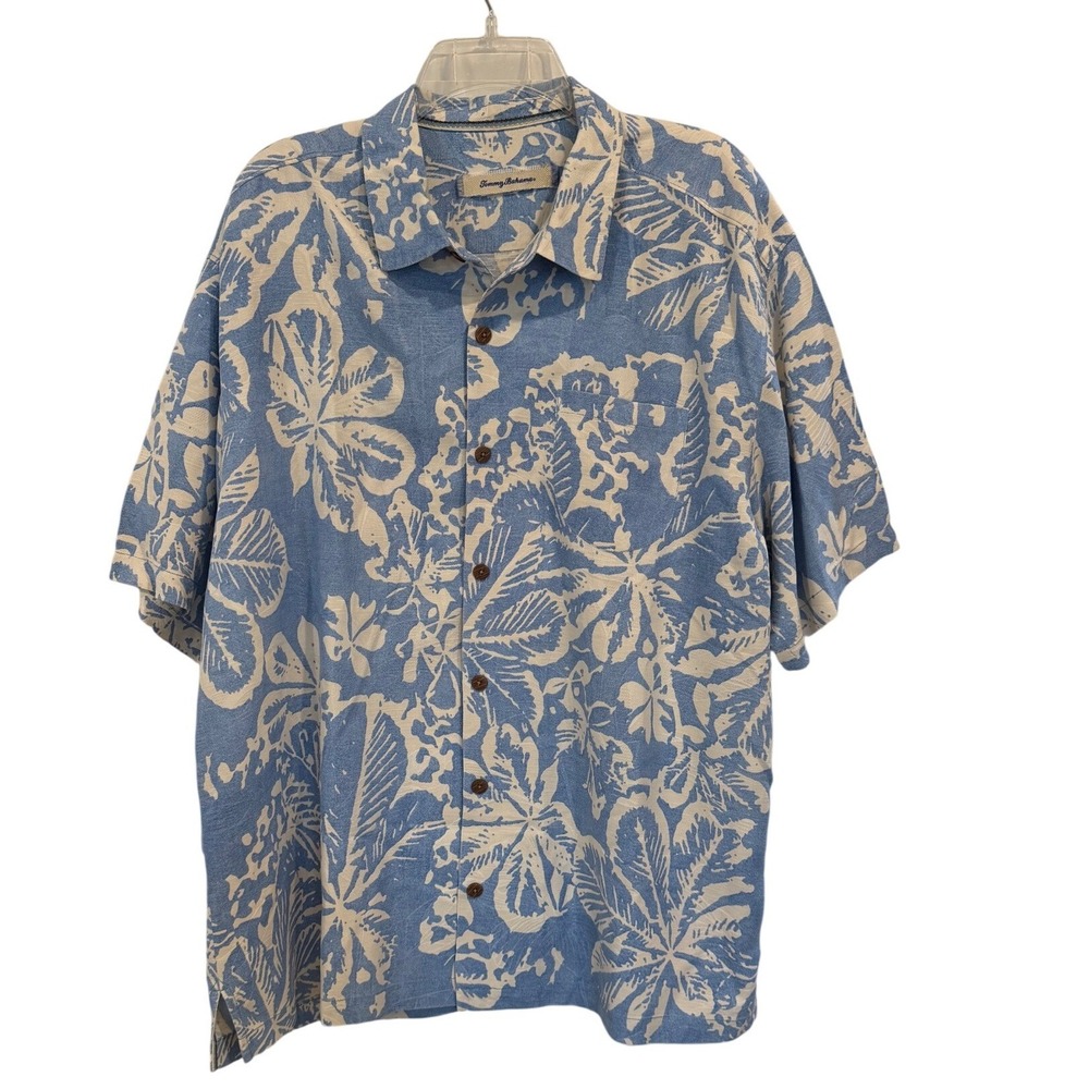 Tommy Bahama Mens XL Blue White Tropical Floral 100% Silk Short Sleeve Shirt